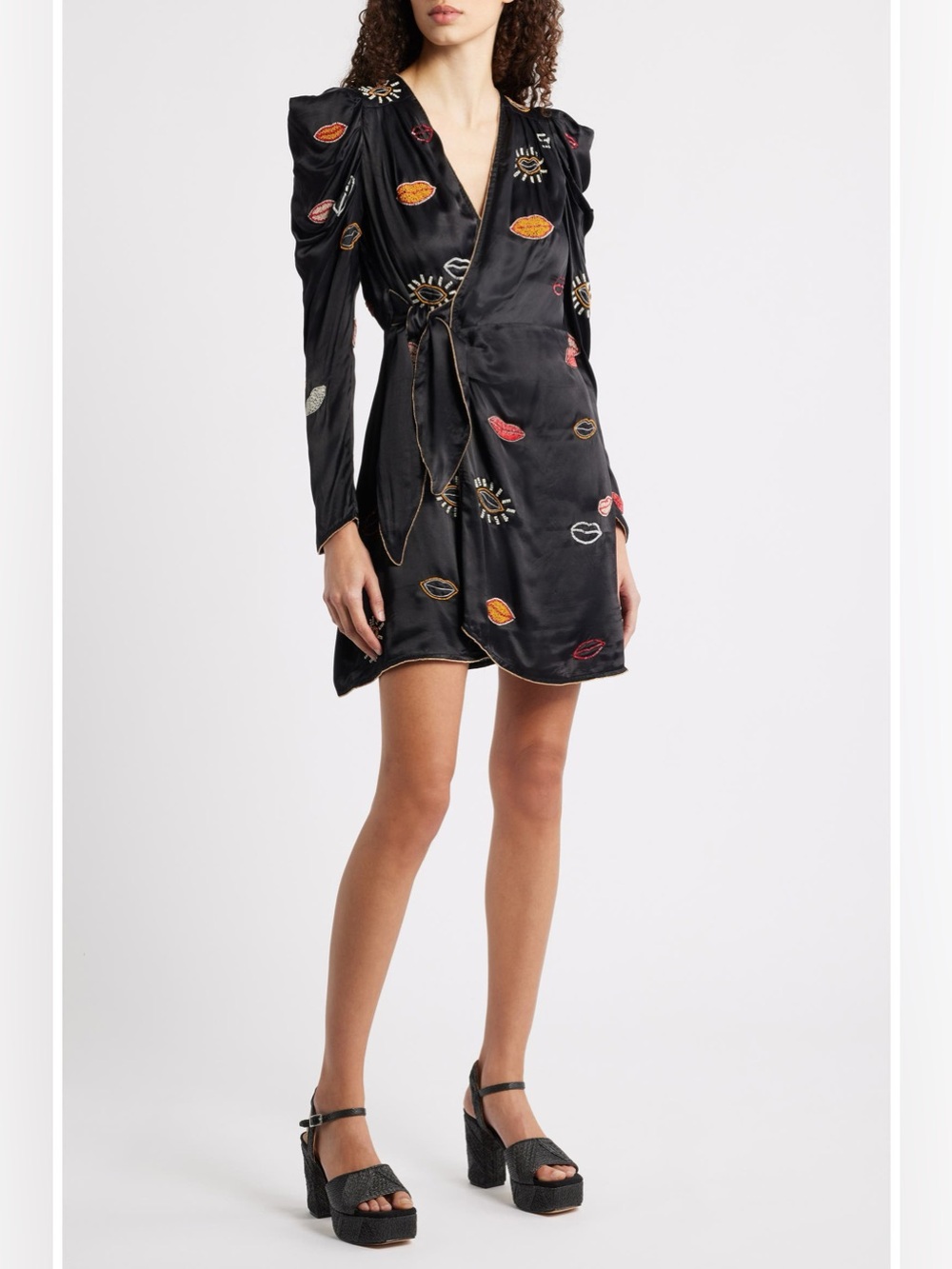 FARM Rio Black Satin Wrap Mini Dress with Multicolor Embroidered Motifs beaded
